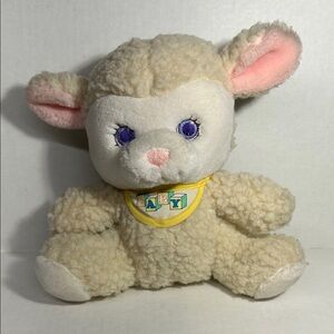 Amtoy 1988 Musical Cream and Pink Plush Lamb with Yellow Bib Crib Pals